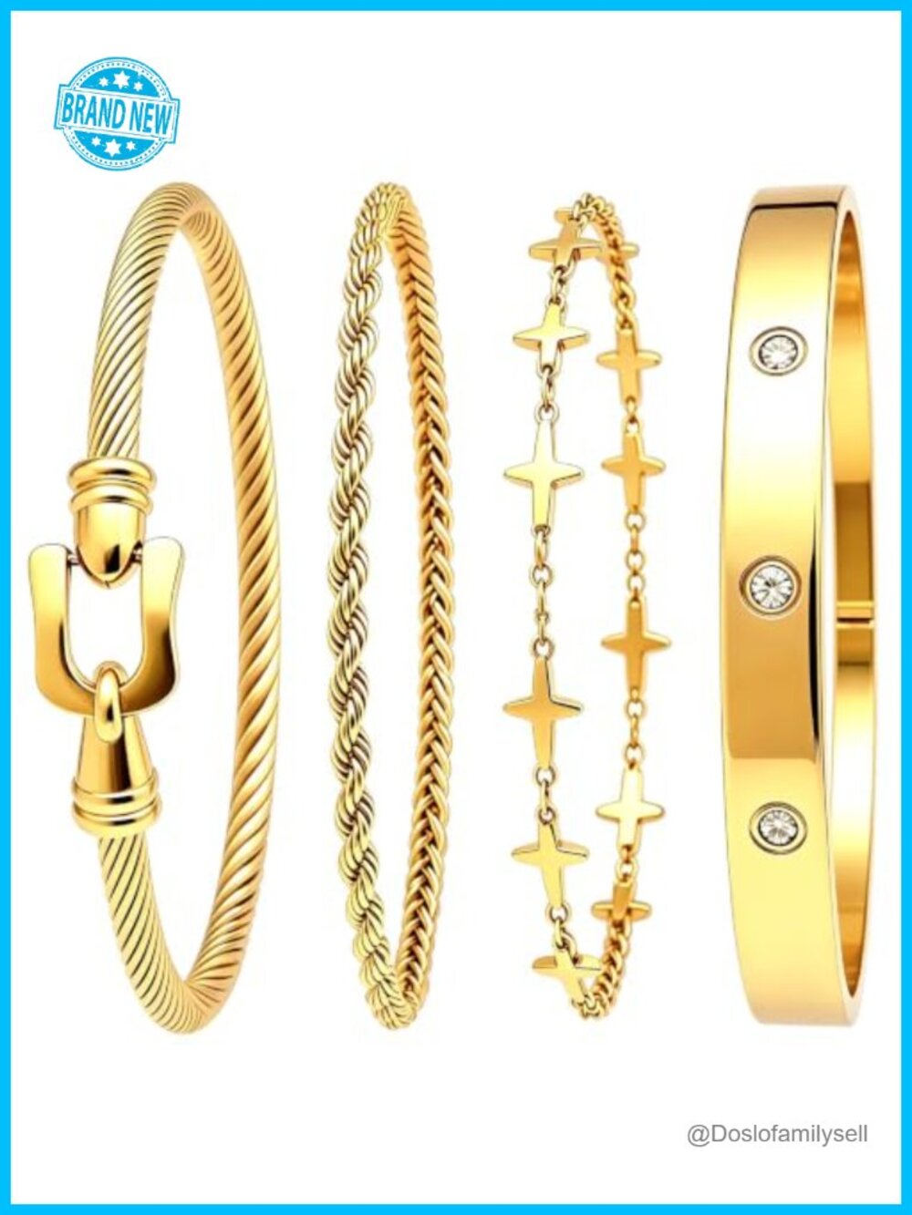 18K Gold Plated NonTarnish Stackable Love Bracelets Set with CZ Cross Star